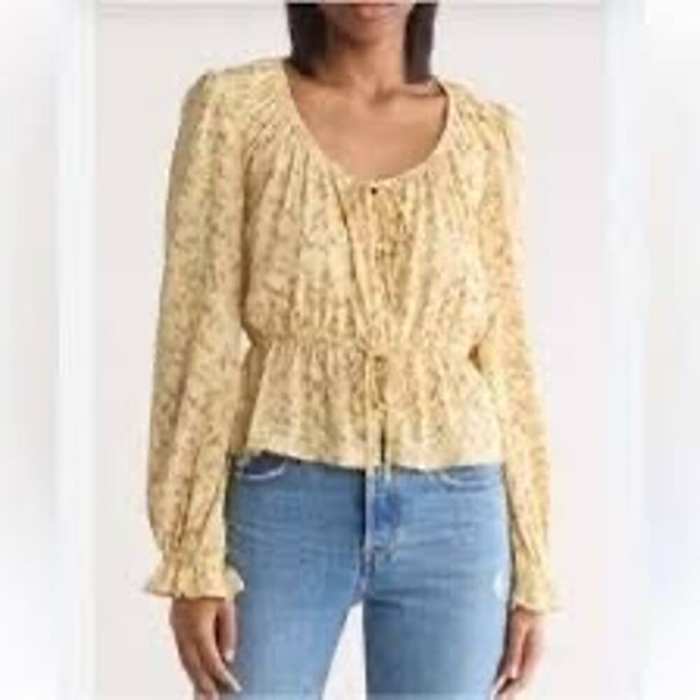 Melrose And  Market NWT Peplum Long Sleeve Blouse Yellow Carolyn Floral Boho XS